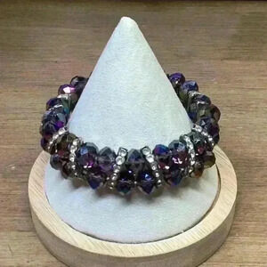 Silver and Purple Faceted Glass with Rhinestones Stretch Bracelet Sparkling